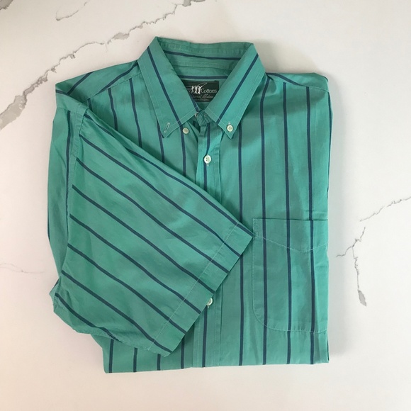 Henry Cotton’s 💯 % Cotton Men’s Short Sleeve Green and Navy Striped Shirt 16.5” - Picture 1 of 7